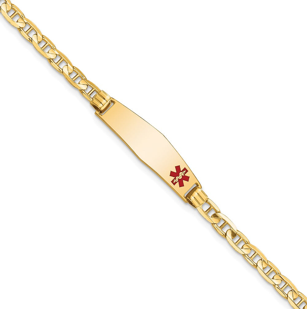 Engravable 14K Yellow Gold Medical Soft Diamond Shape Red Enamel Anchor Link ID Bracelet Length 8 inches Width 7.5 mm With Lobster Claw Clasp