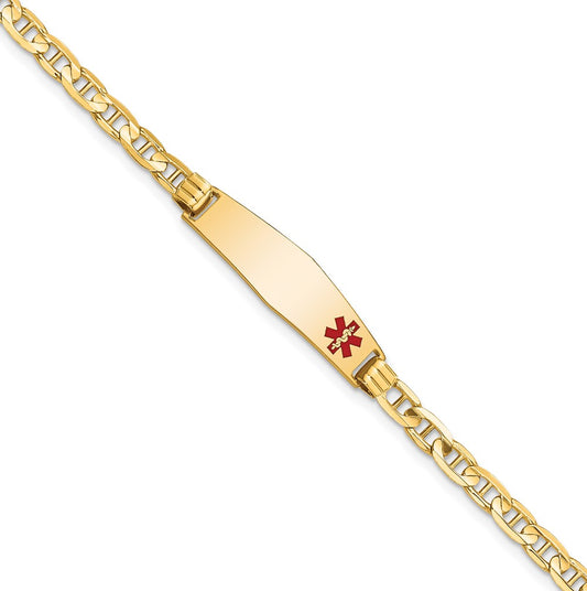 Engravable 14K Yellow Gold Medical Soft Diamond Shape Red Enamel Anchor Link ID Bracelet Length 8 inches Width 7.5 mm With Lobster Claw Clasp