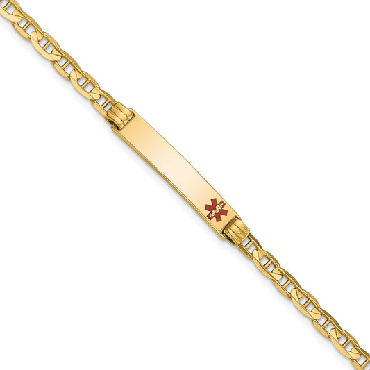 Engravable 14K Yellow Gold Medical Red Enamel Anchor Link ID Bracelet Length 8 inches Width 5.5 mm With Lobster Claw Clasp