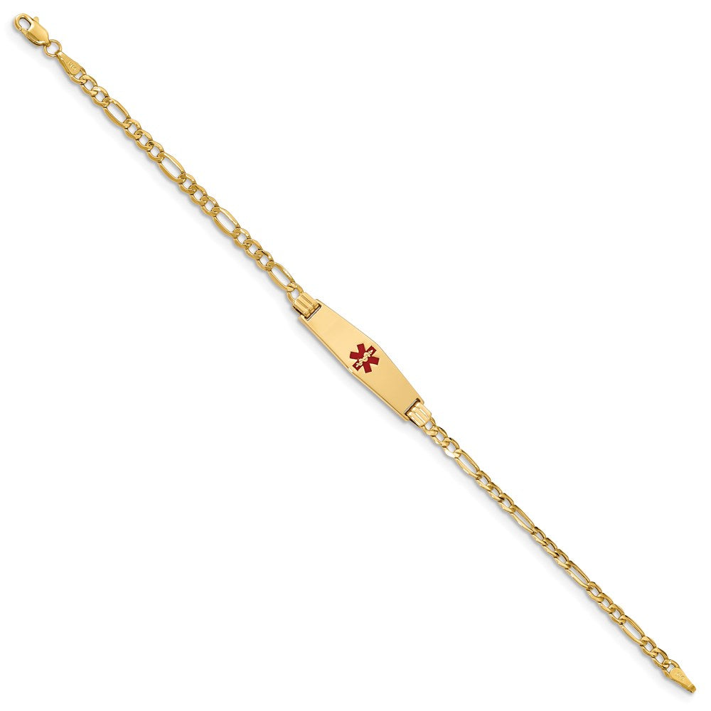 Engravable 14K Yellow Gold Medical Soft Diamond Shape Red Enamel Figaro ID Bracelet Length 7 inches Width 7.5 mm With Lobster Claw Clasp