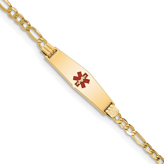 Engravable 14K Yellow Gold Medical Soft Diamond Shape Red Enamel Figaro ID Bracelet Length 8 inches Width 7.5 mm With Lobster Claw Clasp