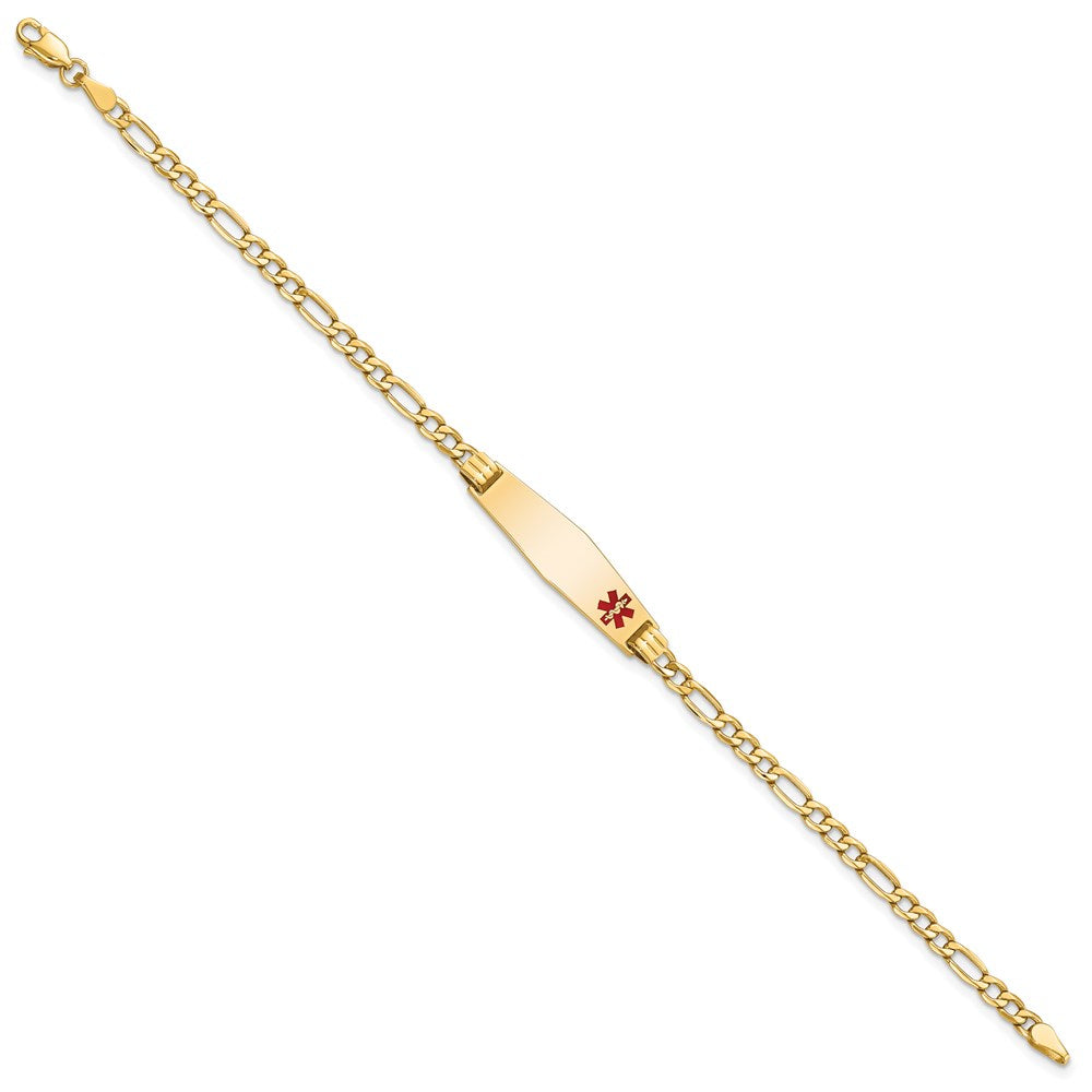 Engravable 14K Yellow Gold Medical Soft Diamond Shape Red Enamel Figaro ID Bracelet Length 8 inches Width 7.5 mm With Lobster Claw Clasp