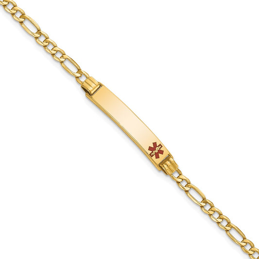 Engravable 14K Yellow Gold Medical Polished Red Enamel Figaro ID Bracelet Length 8 inches Width 5.5 mm With Lobster Claw Clasp