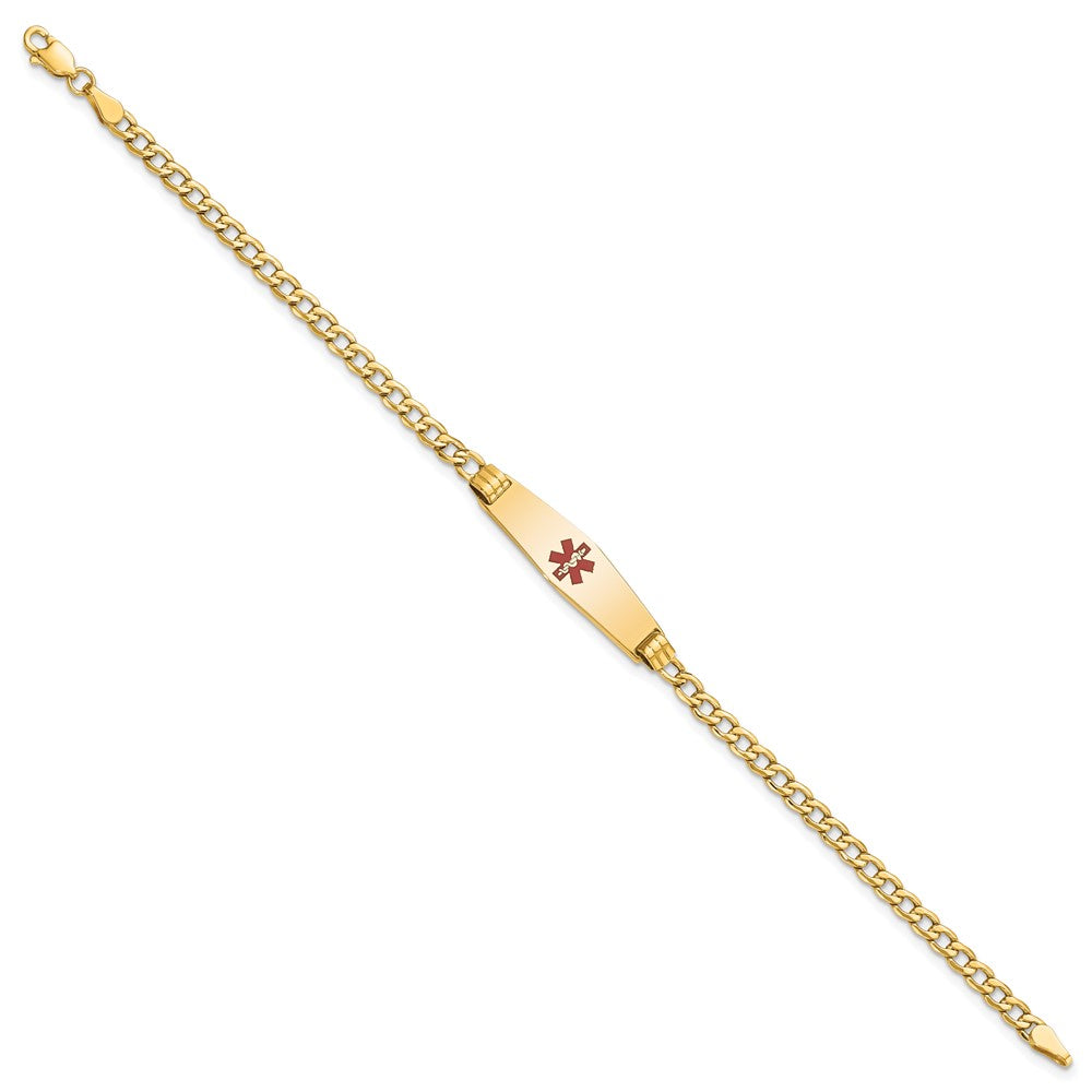 Engravable 14K Yellow Gold Medical Soft Diamond Shape Red Enamel Cuban ID Bracelet Length 8 inches Width 7.5 mm With Lobster Claw Clasp