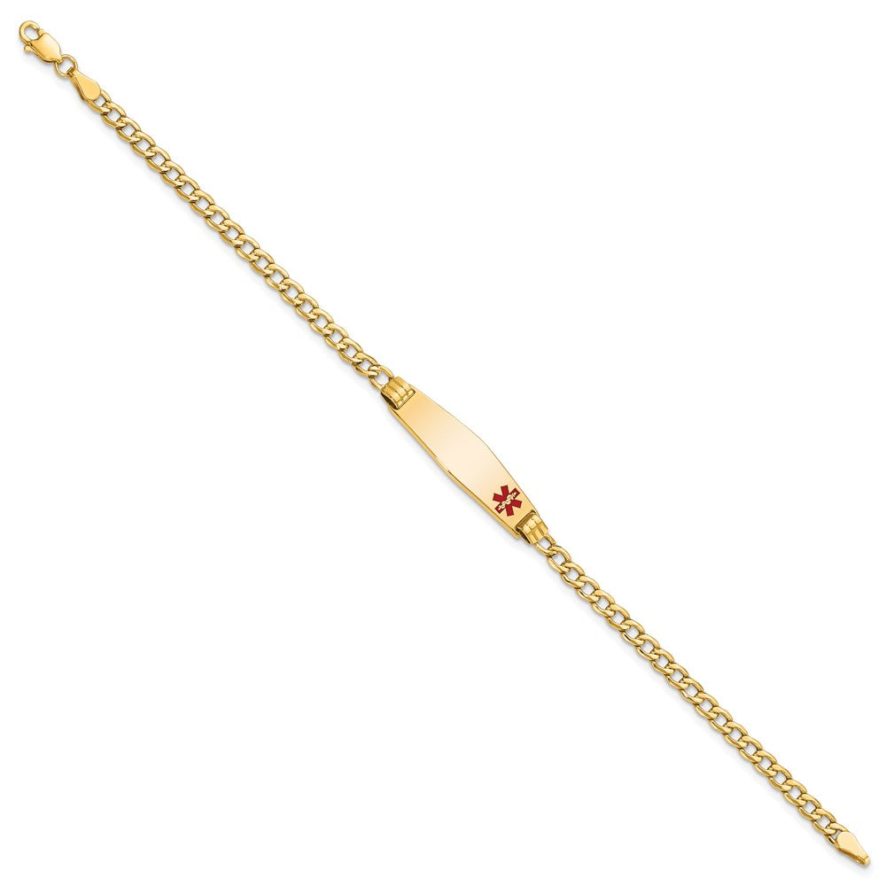 Engravable 14K Yellow Gold Medical Soft Diamond Shape Red Enamel ID Cuban ID Bracelet Length 7 inches Width 7.5 mm With Lobster Claw Clasp