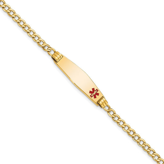 Engravable 14K Yellow Gold Medical Soft Diamond Shape Red Enamel ID Cuban ID Bracelet Length 7 inches Width 7.5 mm With Lobster Claw Clasp