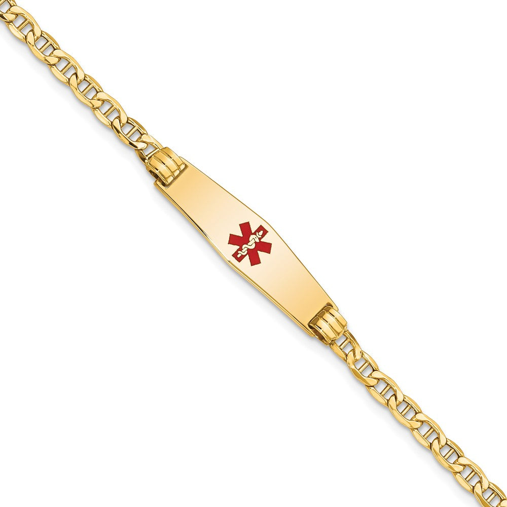 Engravable 14K Yellow Gold Medical Soft Diamond Shape Red Enamel Anchor ID Bracelet Length 8 inches Width 7.5 mm With Lobster Claw Clasp