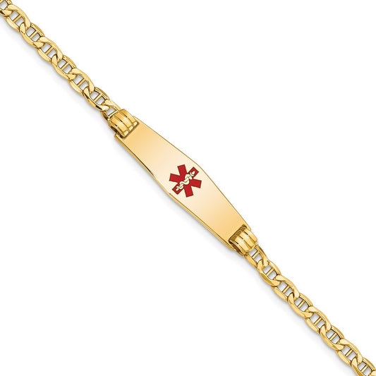 Engravable 14K Yellow Gold Medical Soft Diamond Shape Red Enamel Anchor ID Bracelet Length 8 inches Width 7.5 mm With Lobster Claw Clasp