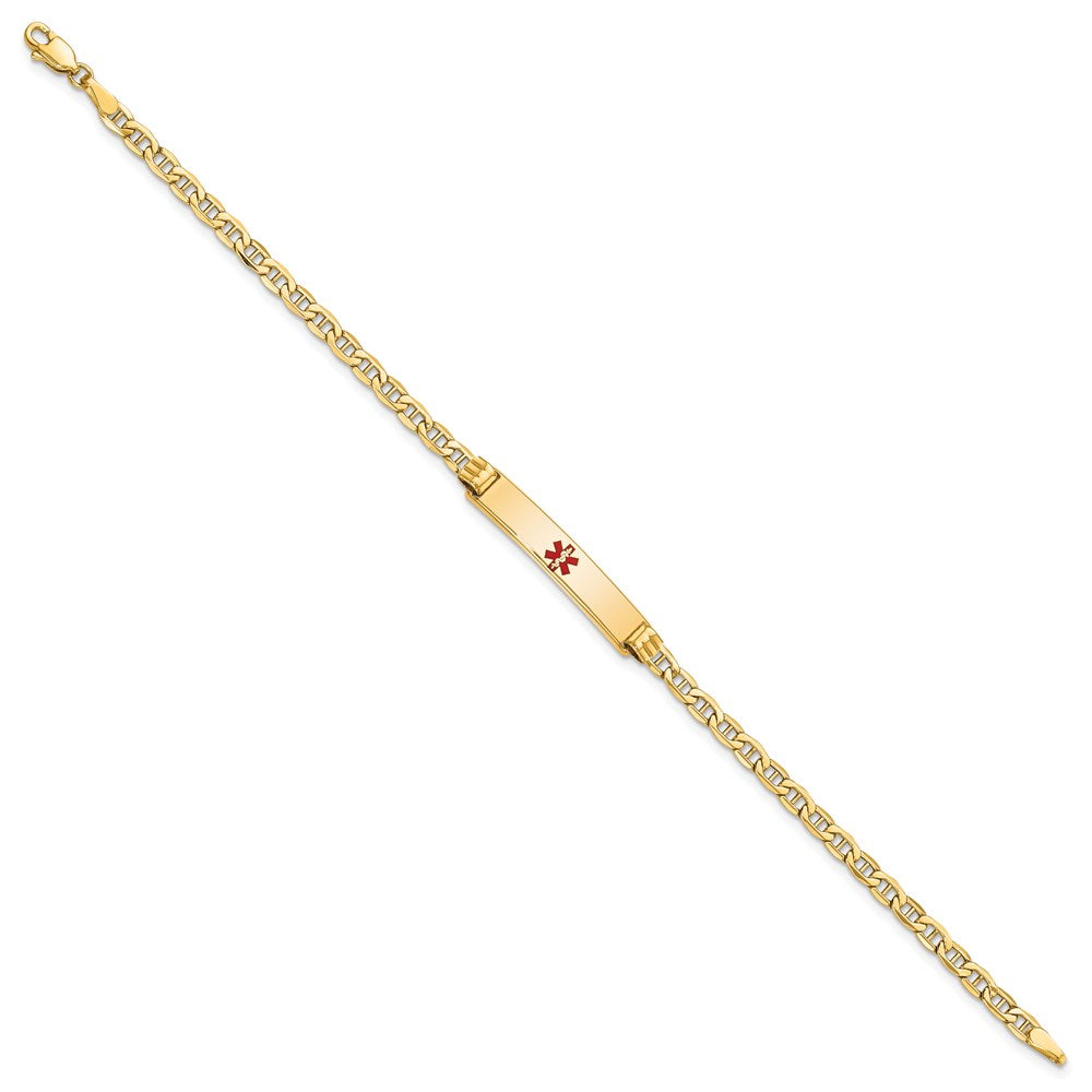 Engravable 14K Yellow Gold Medical Polished Red Enamel Anchor ID Bracelet Length 7 inches Width 5.5 mm With Lobster Claw Clasp