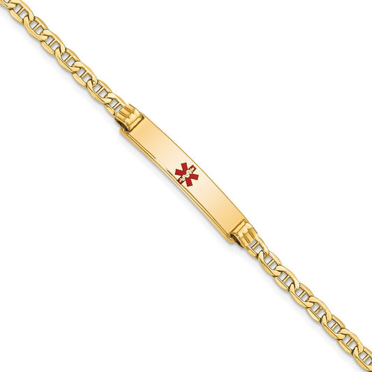 Engravable 14K Yellow Gold Medical Polished Red Enamel Anchor ID Bracelet Length 7 inches Width 5.5 mm With Lobster Claw Clasp