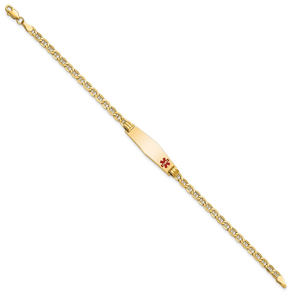 Engravable 14K Yellow Gold Medical Soft Diamond Shape Red Enamel Anchor ID Bracelet Length 8 inches Width 7.5 mm With Lobster Claw Clasp