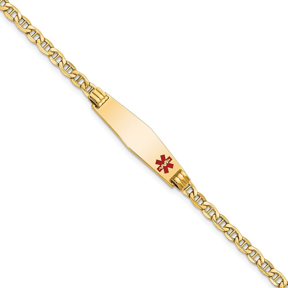 Engravable 14K Yellow Gold Medical Soft Diamond Shape Red Enamel Anchor ID Bracelet Length 8 inches Width 7.5 mm With Lobster Claw Clasp