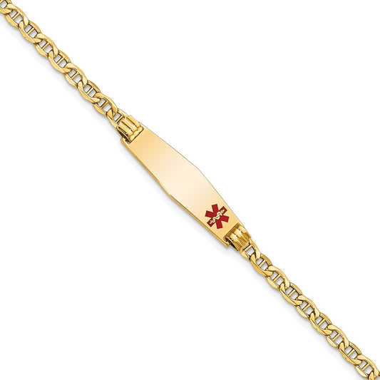 Engravable 14K Yellow Gold Medical Soft Diamond Shape Red Enamel Anchor ID Bracelet Length 8 inches Width 7.5 mm With Lobster Claw Clasp