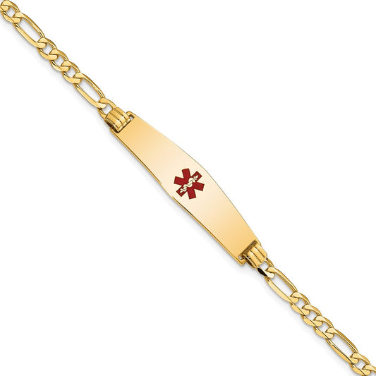 Engravable 14K Yellow Gold Medical Soft Diamond Shape Red Enamel Flat Figaro Link ID Bracelet Length 7 inches Width 8.5 mm With Lobster Claw Clasp