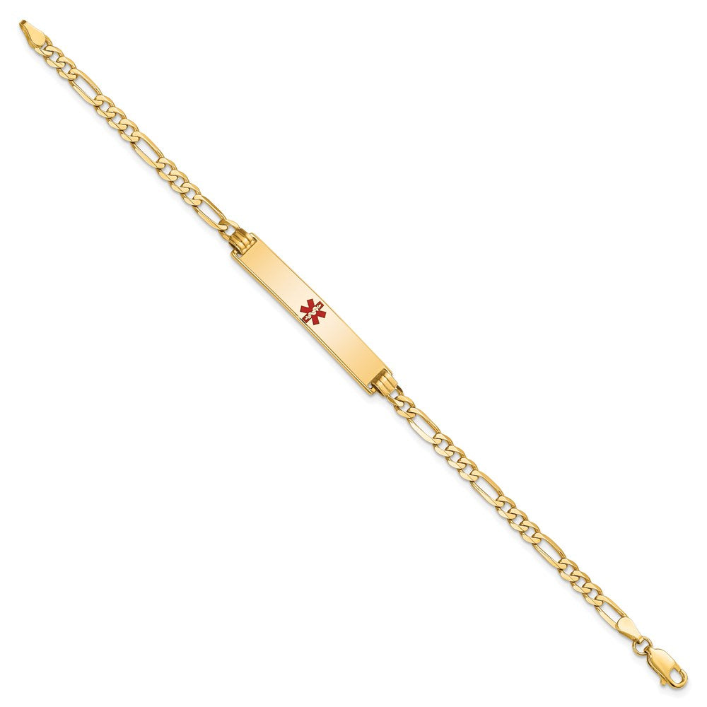 Engravable 14K Yellow Gold Medical Red Enamel Flat Figaro Link ID Bracelet Length 7 inches Width 6.3 mm With Lobster Claw Clasp