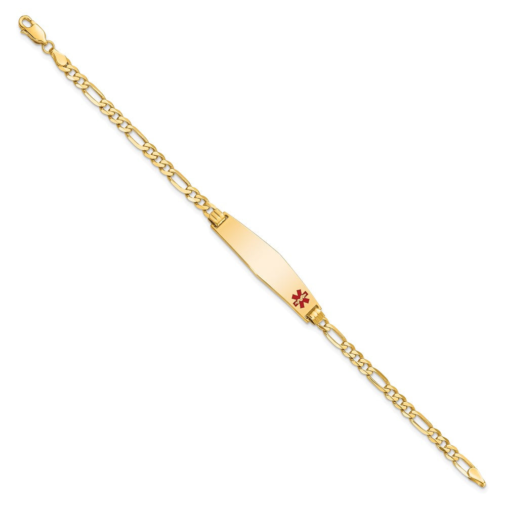 Engravable 14K Yellow Gold Medical Soft Diamond Shape Red Enamel Flat Figaro Link ID Bracelet Length 7 inches Width 8.5 mm With Lobster Claw Clasp