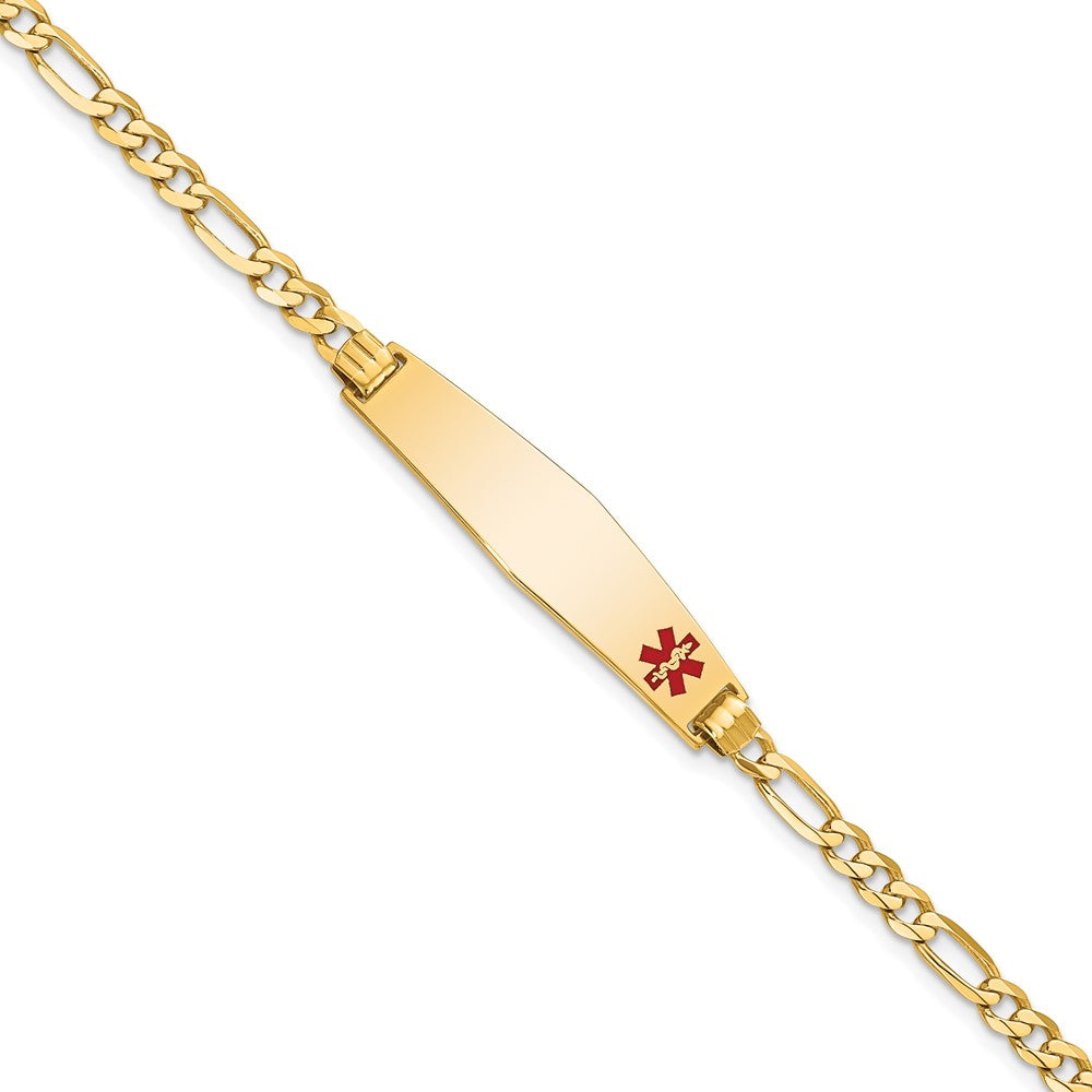Engravable 14K Yellow Gold Medical Soft Diamond Shape Red Enamel Flat Figaro Link ID Bracelet Length 7 inches Width 8.5 mm With Lobster Claw Clasp