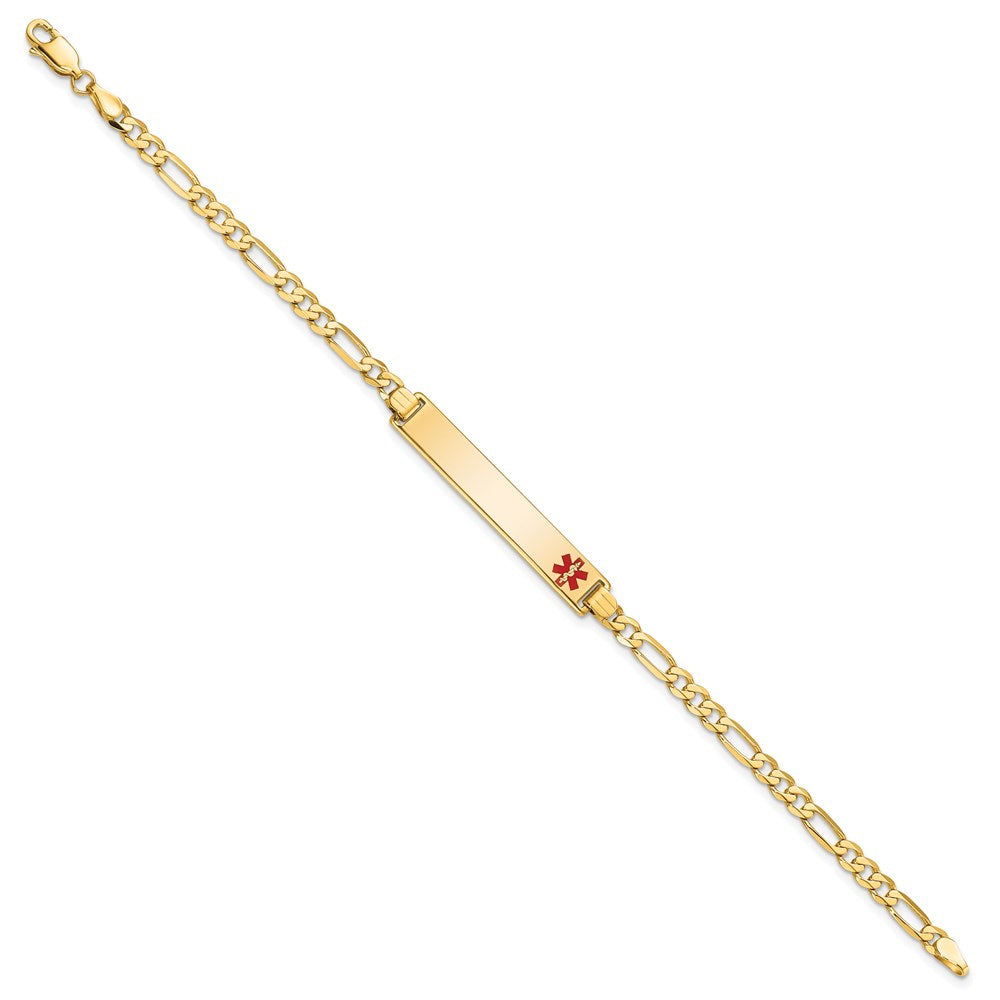 Engravable 14K Yellow Gold Medical Red Enamel Flat Figaro Link ID Bracelet Length 8 inches Width 6.5 mm With Lobster Claw Clasp