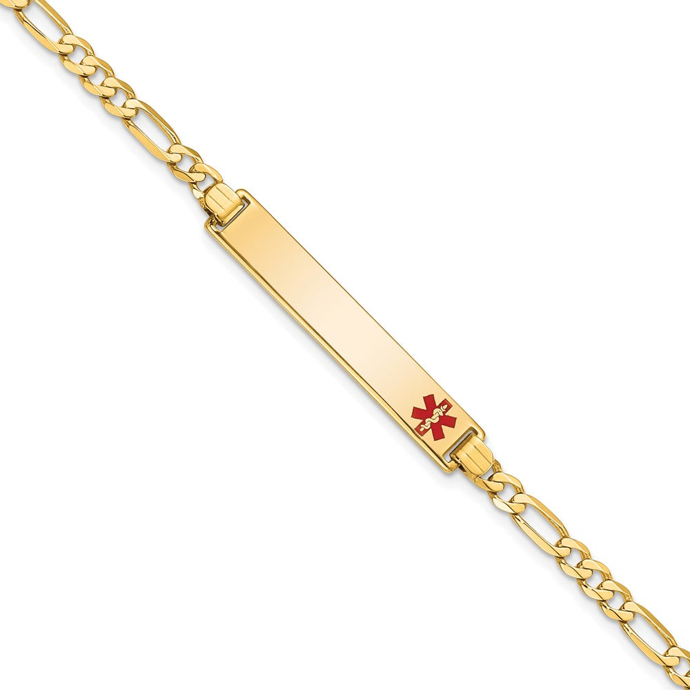 Engravable 14K Yellow Gold Medical Red Enamel Flat Figaro Link ID Bracelet Length 8 inches Width 6.5 mm With Lobster Claw Clasp
