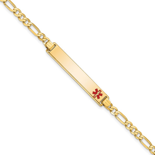 Engravable 14K Yellow Gold Medical Red Enamel Flat Figaro Link ID Bracelet Length 7 inches Width 6.5 mm With Lobster Claw Clasp