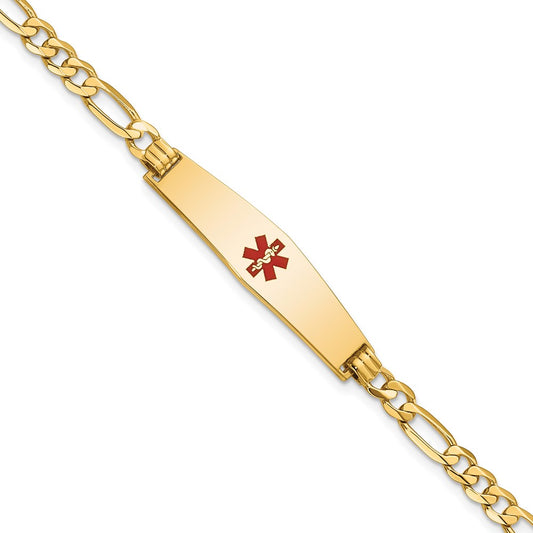 Engravable 14K Yellow Gold Medical Soft Diamond Shape Red Enamel Flat Figaro Link ID Bracelet Length 8 inches Width 8.5 mm With Lobster Claw Clasp