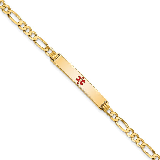 Engravable 14K Yellow Gold Medical Red Enamel Flat Figaro Link ID Bracelet Length 8 inches Width 6.5 mm With Lobster Claw Clasp