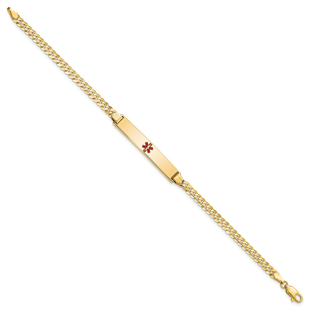 Engravable 14K Yellow Gold Medical Red Enamel Flat Curb Link ID Bracelet Length 8 inches Width 6.5 mm With Lobster Claw Clasp