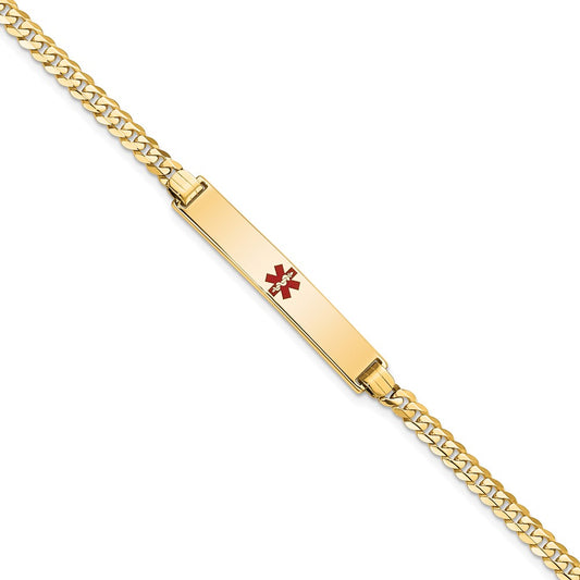 Engravable 14K Yellow Gold Medical Red Enamel Flat Curb Link ID Bracelet Length 7 inches Width 6.5 mm With Lobster Claw Clasp