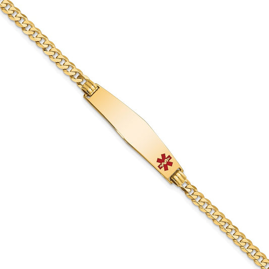 Engravable 14K Yellow Gold Medical Soft Diamond Shape Red Enamel Flat Curb Link ID Bracelet Length 7 inches Width 8.5 mm With Lobster Claw Clasp