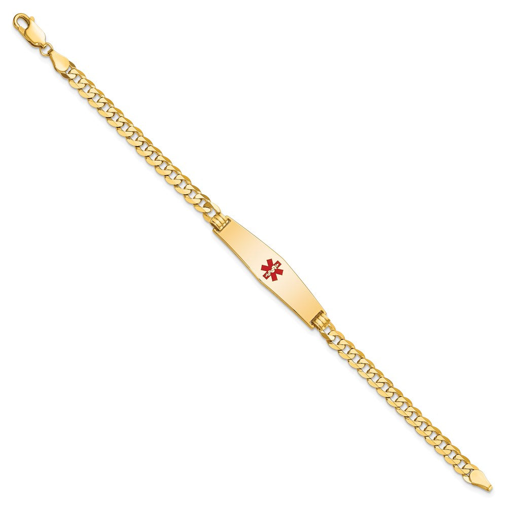 Engravable 14K Yellow Gold Medical Soft Diamond Shape Red Enamel Flat Curb Link ID Bracelet Length 8 inches Width 8.5 mm With Lobster Claw Clasp