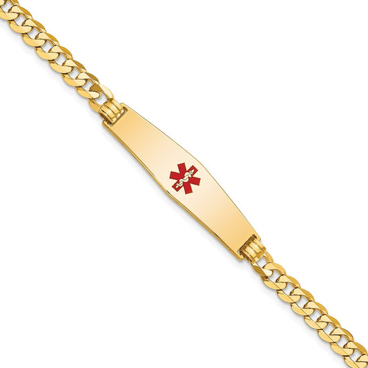 Engravable 14K Yellow Gold Medical Soft Diamond Shape Red Enamel Flat Curb Link ID Bracelet Length 7 inches Width 8.5 mm With Lobster Claw Clasp
