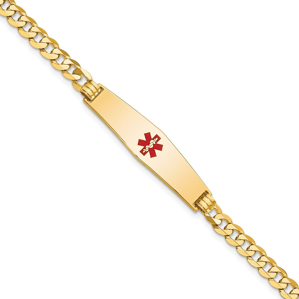 Engravable 14K Yellow Gold Medical Soft Diamond Shape Red Enamel Flat Curb Link ID Bracelet Length 8 inches Width 8.5 mm With Lobster Claw Clasp
