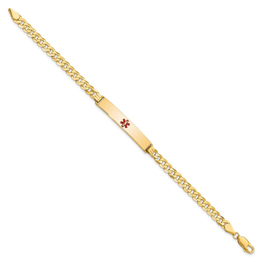 Engravable 14K Yellow Gold Medical Red Enamel Flat Curb Link ID Bracelet Length 8 inches Width 6.5 mm With Lobster Claw Clasp
