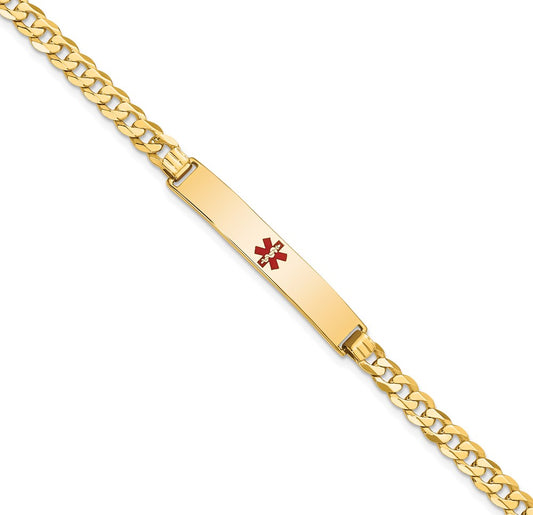 Engravable 14K Yellow Gold Medical Red Enamel Flat Curb Link ID Bracelet Length 7 inches Width 6.5 mm With Lobster Claw Clasp