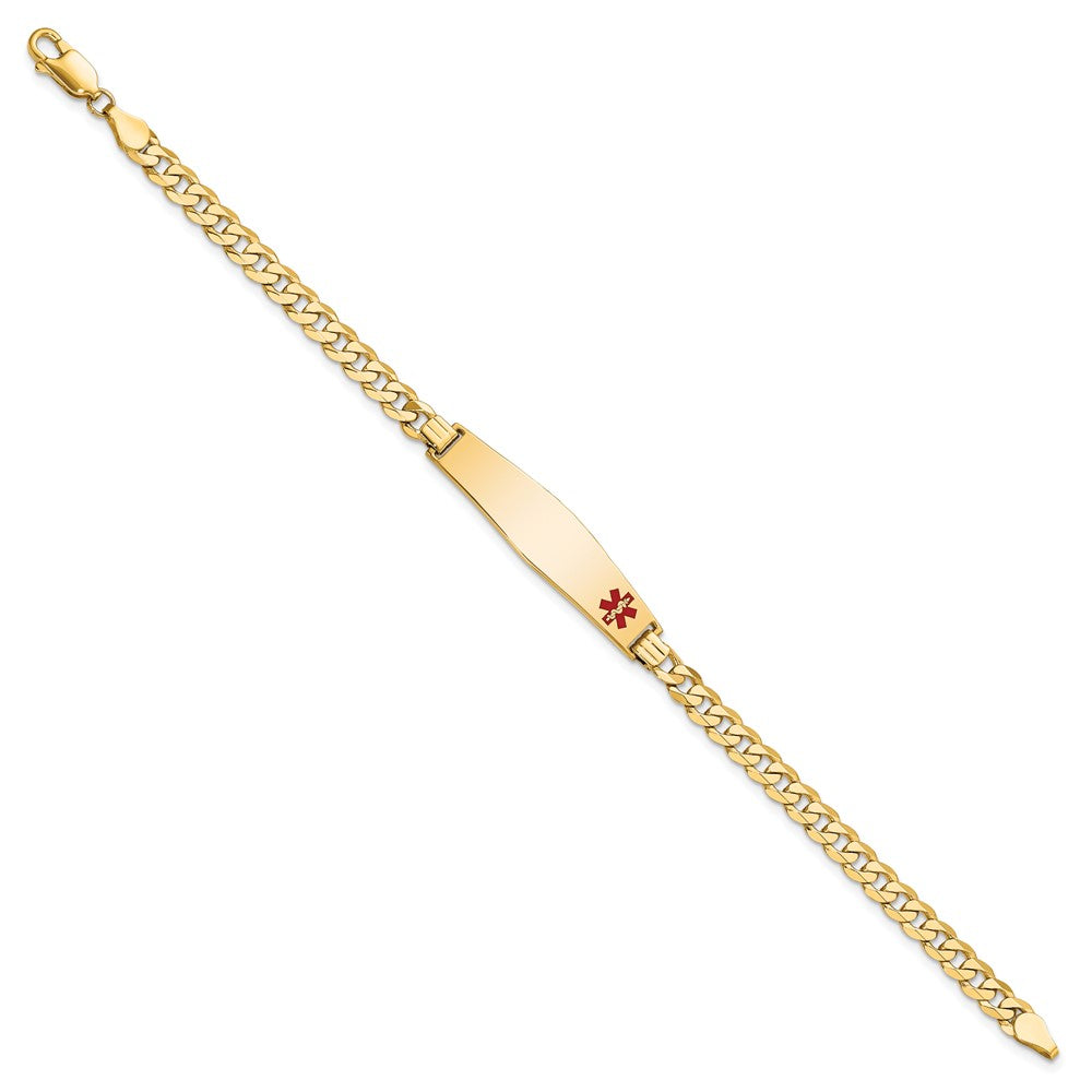 Engravable 14K Yellow Gold Medical Soft Diamond Shape Red Enamel Flat Curb Link ID Bracelet Length 7 inches Width 8.5 mm With Lobster Claw Clasp