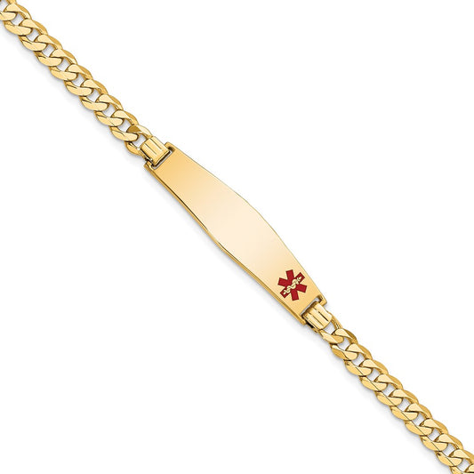 Engravable 14K Yellow Gold Medical Soft Diamond Shape Red Enamel Flat Curb Link ID Bracelet Length 7 inches Width 8.5 mm With Lobster Claw Clasp