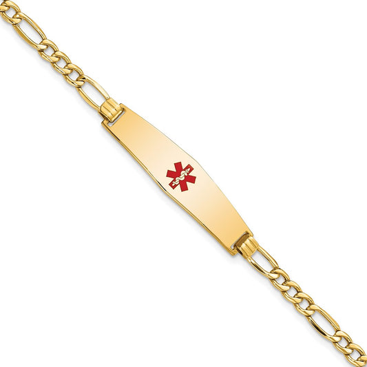 Engravable 14K Yellow Gold Medical Soft Diamond Shape Red Enamel Figaro ID Bracelet Length 7 inches Width 8.5 mm With Lobster Claw Clasp