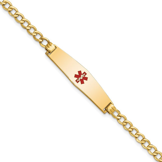 Engravable 14K Yellow Gold Medical Soft Diamond Shape Red Enamel Curb Link ID Bracelet Length 8 inches Width 8.5 mm With Lobster Claw Clasp