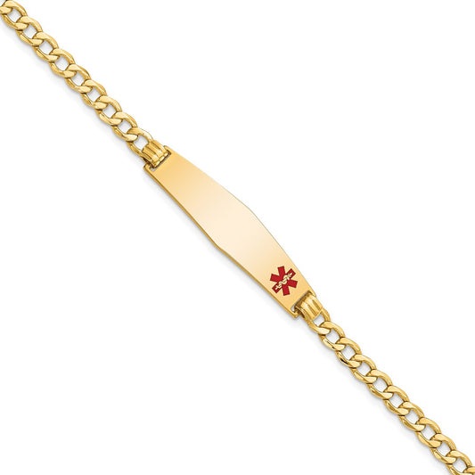 Engravable 14K Yellow Gold Medical Soft Diamond Shape Red Enamel Curb Link ID Bracelet Length 7 inches Width 8.5 mm With Lobster Claw Clasp