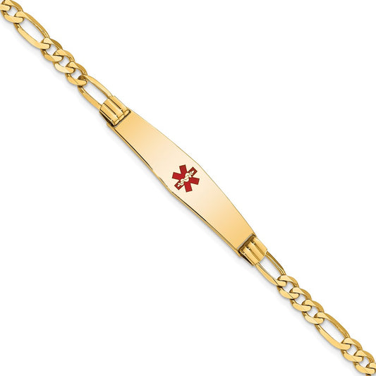 Engravable 14K Yellow Gold Medical Soft Diamond Shape Red Enamel Figaro ID Bracelet Length 7 inches Width 9 mm With Lobster Claw Clasp