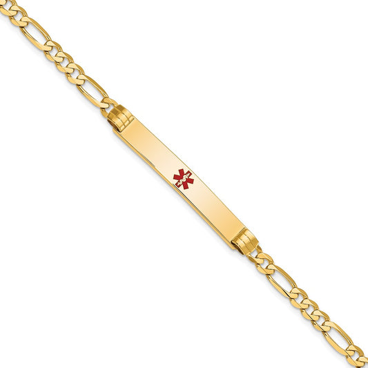Engravable 14K Yellow Gold Medical Red Enamel Figaro ID Bracelet Length 7 inches Width 6.5 mm With Lobster Claw Clasp