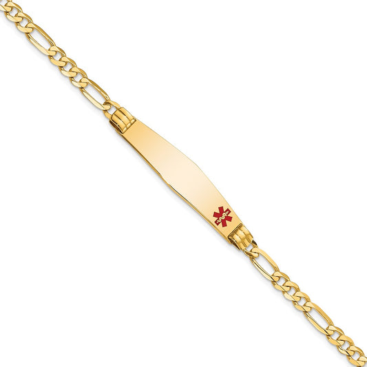 Engravable 14K Yellow Gold Medical Soft Diamond Shape Red Enamel Figaro ID Bracelet Length 7 inches Width 9 mm With Lobster Claw Clasp