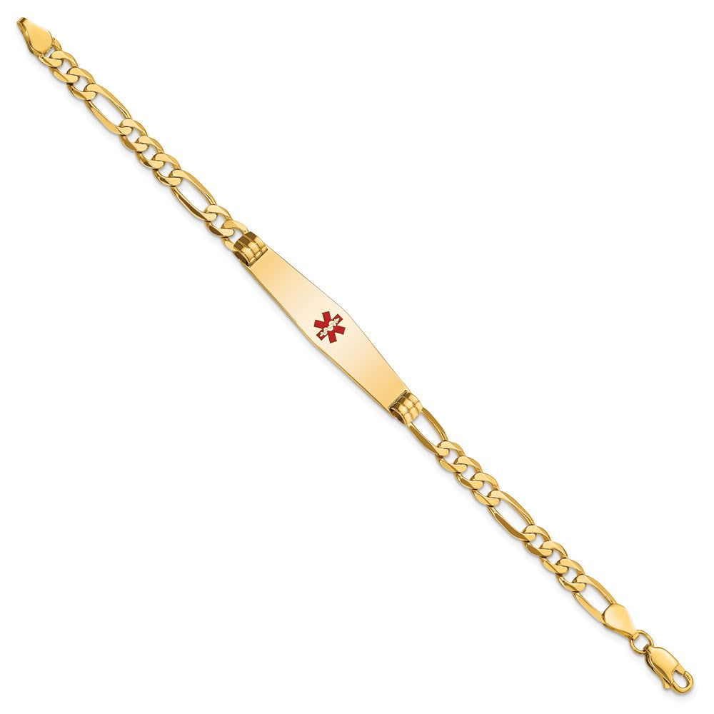 Engravable 14K Yellow Gold Medical Soft Diamond Shape Red Enamel Flat Figaro Link ID Bracelet Length 8 inches Width 9 mm With Lobster Claw Clasp