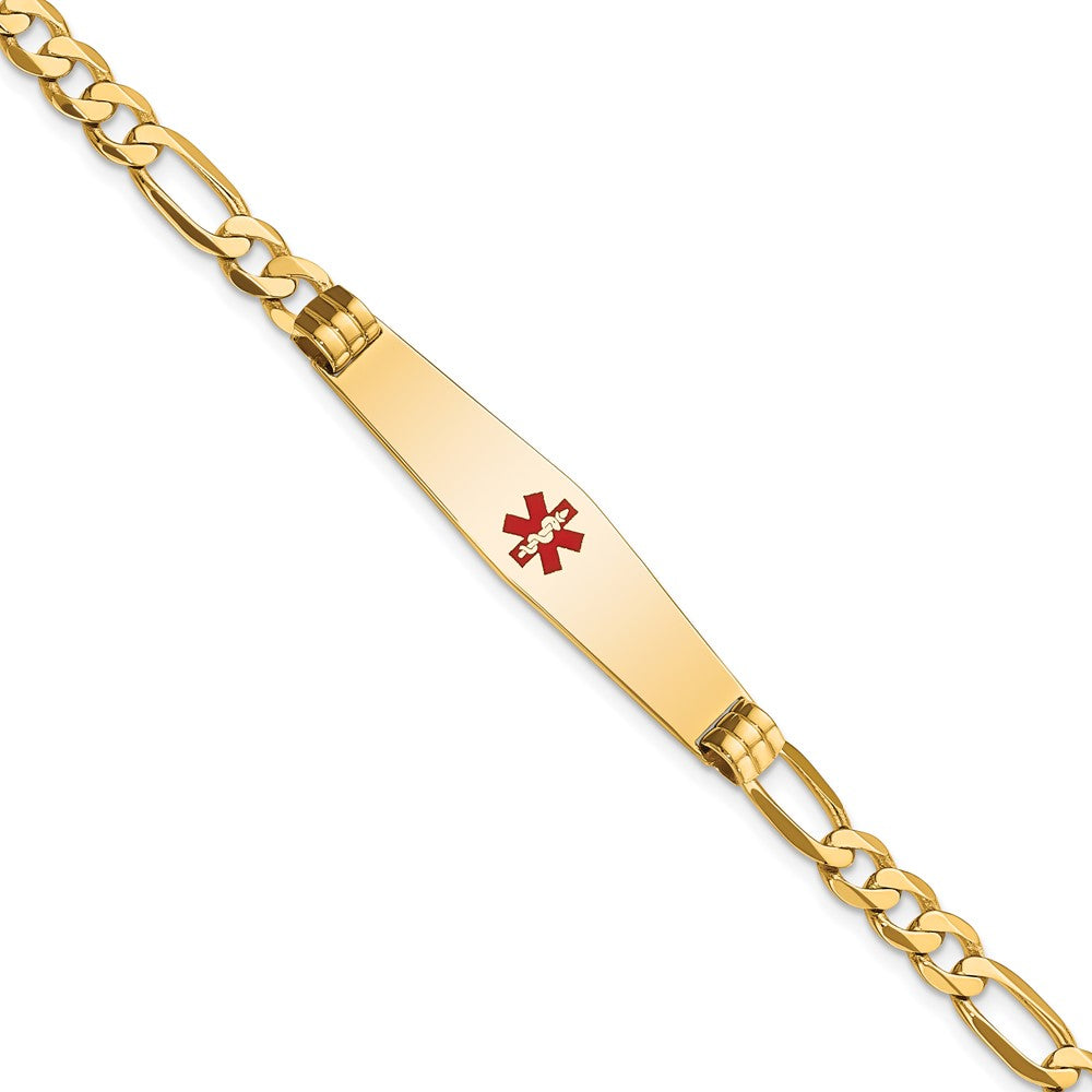 Engravable 14K Yellow Gold Medical Soft Diamond Shape Red Enamel Flat Figaro Link ID Bracelet Length 7 inches Width 9 mm With Lobster Claw Clasp