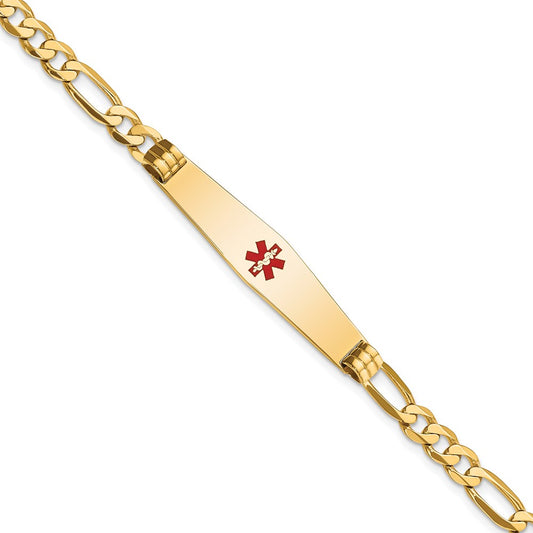 Engravable 14K Yellow Gold Medical Soft Diamond Shape Red Enamel Flat Figaro Link ID Bracelet Length 7 inches Width 9 mm With Lobster Claw Clasp