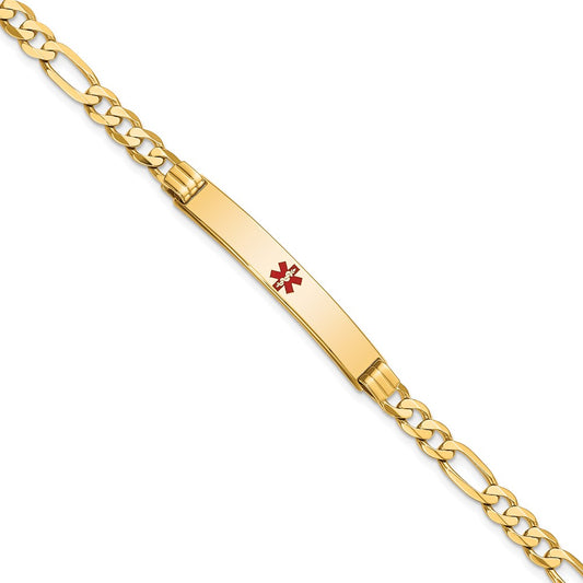 Engravable 14K Yellow Gold Medical Red Enamel Flat Figaro Link ID Bracelet Length 8 inches Width 6.5 mm With Lobster Claw Clasp