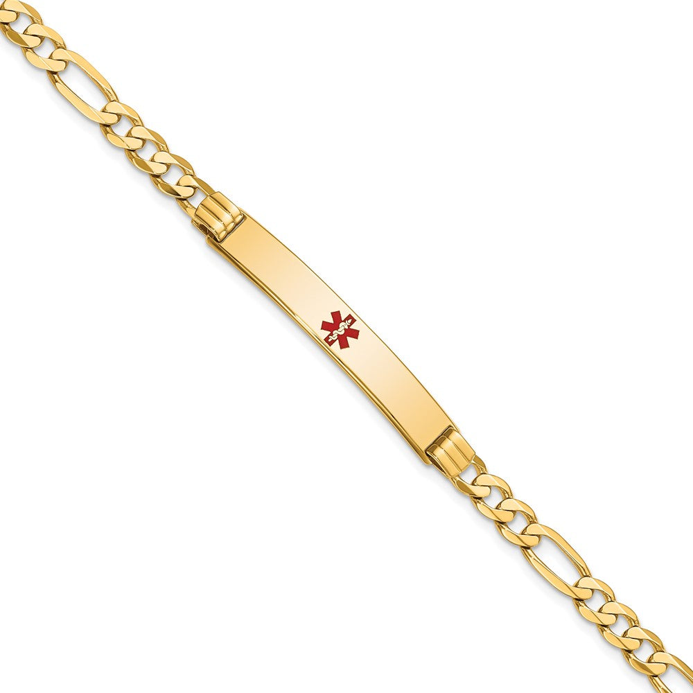 Engravable 14K Yellow Gold Medical Red Enamel Flat Figaro Link ID Bracelet Length 7 inches Width 6.5 mm With Lobster Claw Clasp