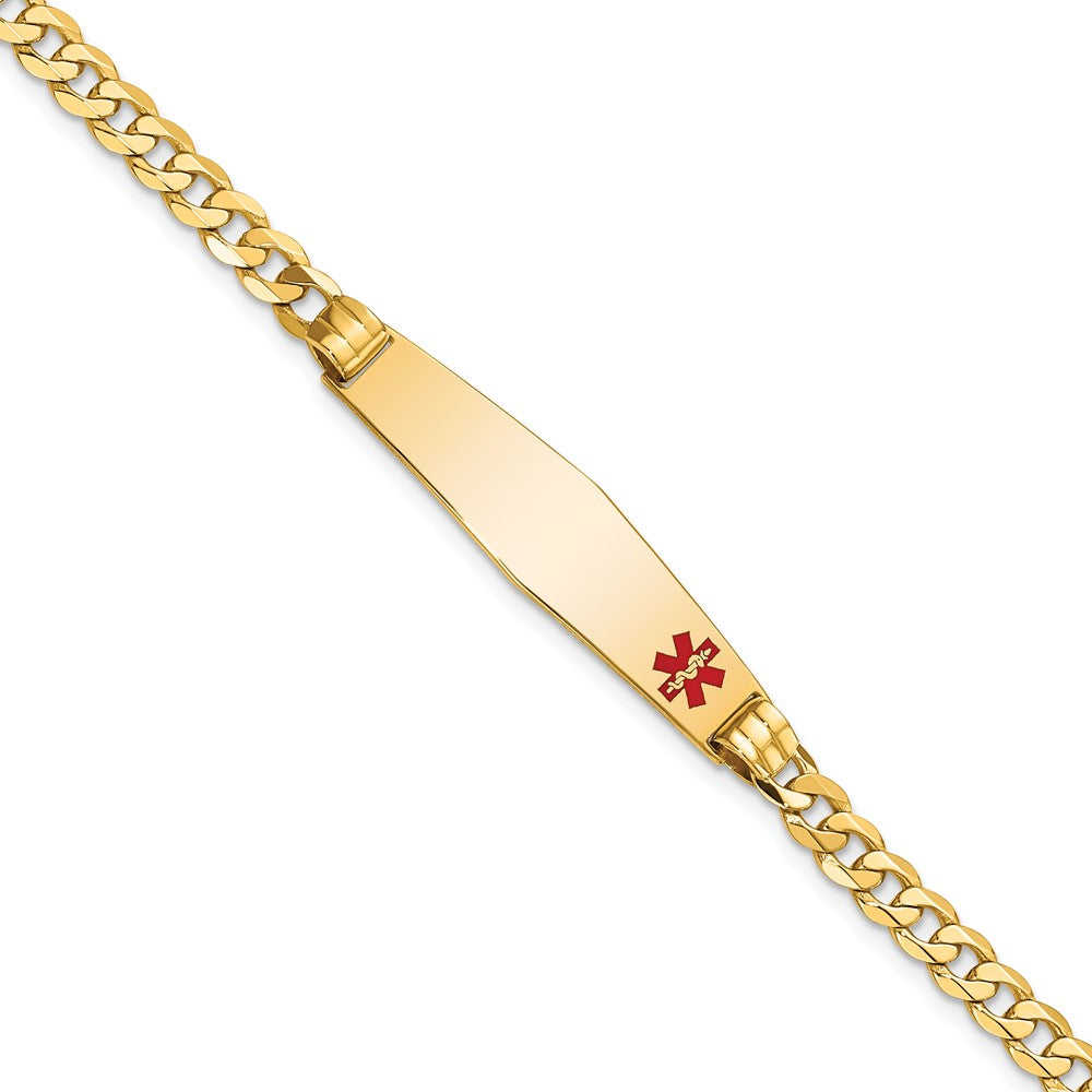 Engravable 14K Yellow Gold Medical Soft Diamond Shape Red Enamel Curb Link ID Bracelet Length 7 inches Width 9 mm With Lobster Claw Clasp