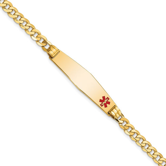 Engravable 14K Yellow Gold Medical Soft Diamond Shape Red Enamel Curb Link ID Bracelet Length 7 inches Width 9 mm With Lobster Claw Clasp