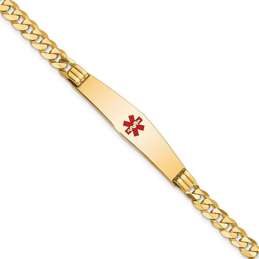 Engravable 14K Yellow Gold Medical Soft Diamond Shape Red Enamel Curb Link ID Bracelet Length 8 inches Width 9 mm With Lobster Claw Clasp